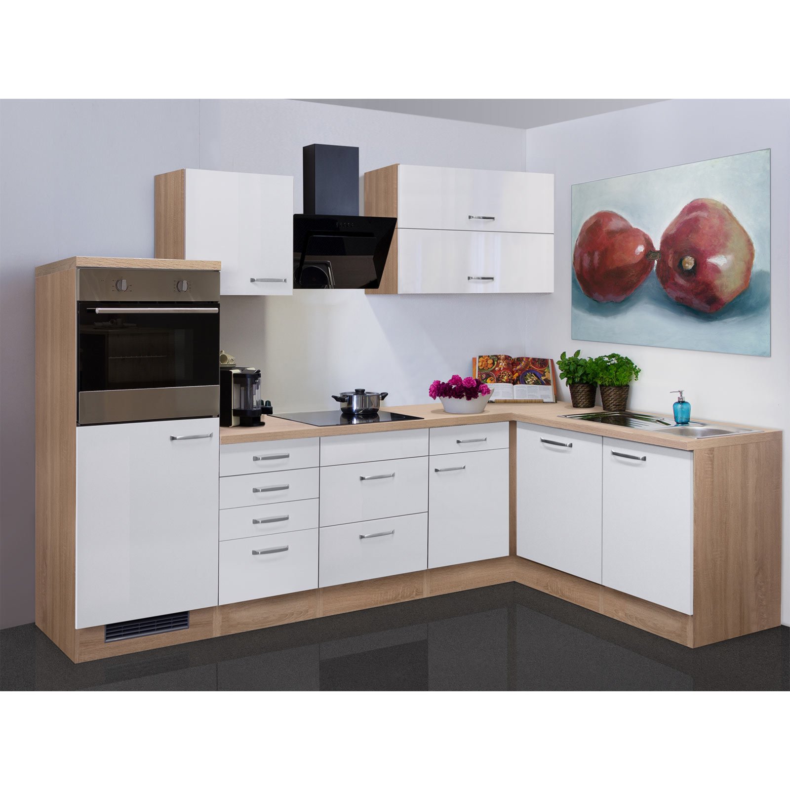 Winkelküche VALERO - bei Eiche mit Hochglanz-Sonoma ROLLER E-Geräten - kaufen | Online weiß - cm 280x170