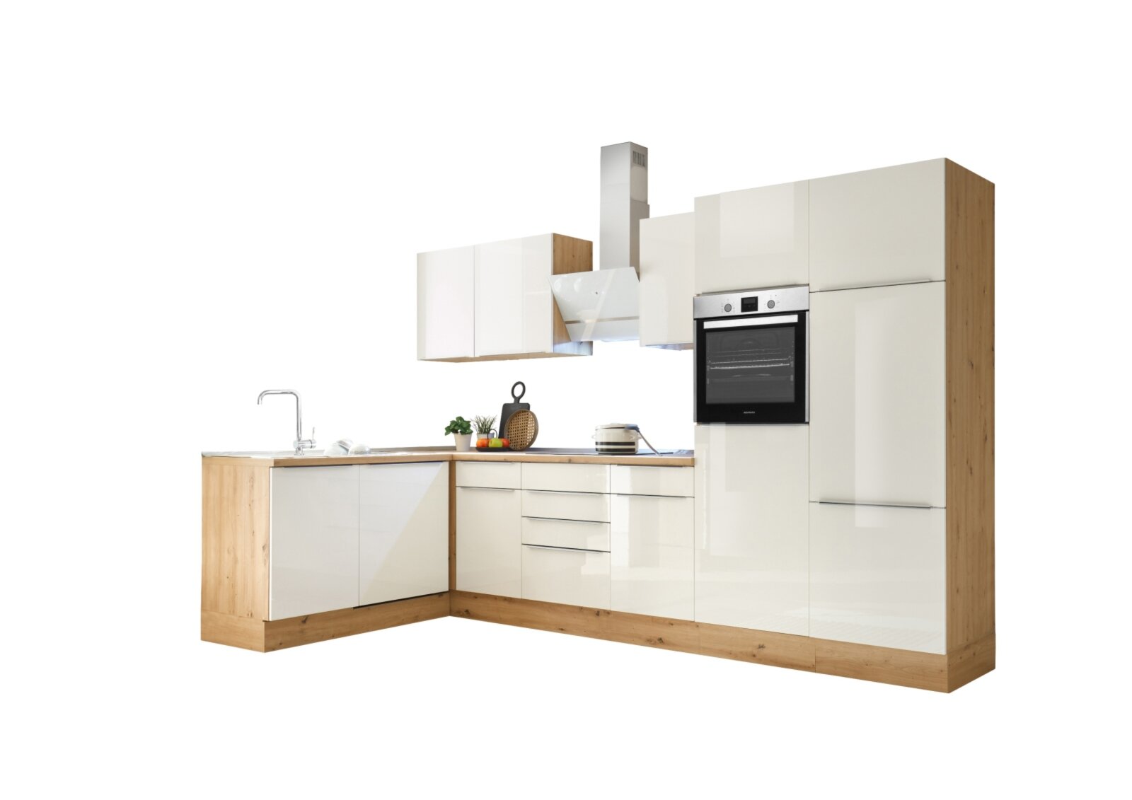 RESPEKTA Winkelküche - weiß Hochglanz Eiche - Artisan mit ROLLER bei 340 - kaufen - Online E-Geräten | cm