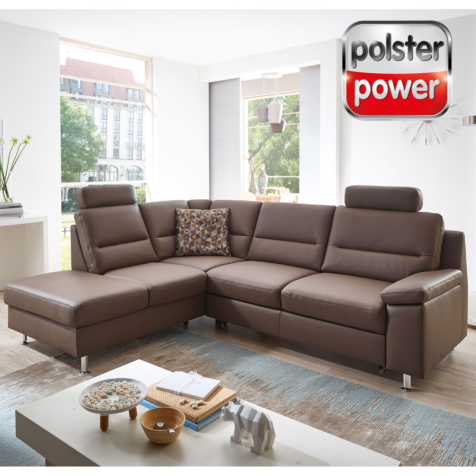 polsterpower Ledersofa Ecksofa braun mit Funktionen